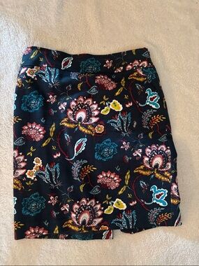 LOFT Black Floral Pencil Skirt with Teal & Pink Accents